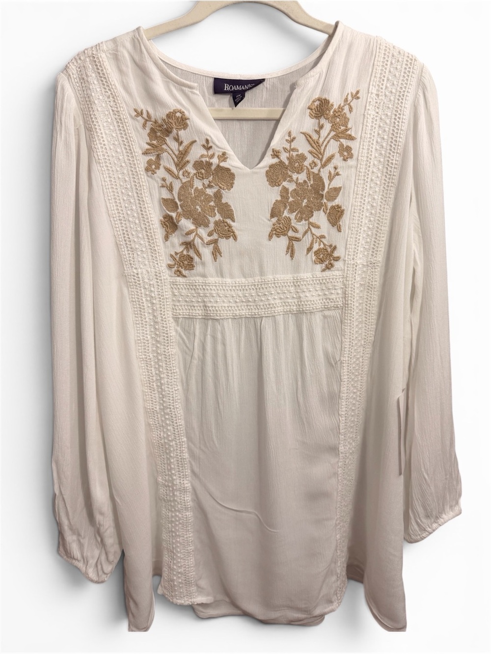 Roaman's Cream Blouse with Gold Floral Embroidery